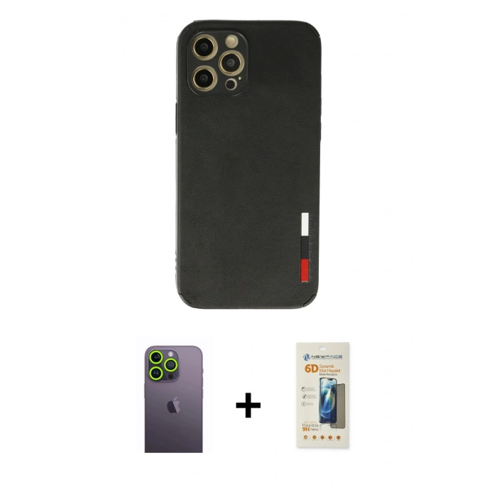 MARSİLYAN™- iPhone 12 Pro Kılıf Doruk Asil Koleksiyonu - Siyah 6D Mat Seramik Hayalet Nano Ekran Koruyucu + Neon Fosforlu Kamera Lens - YL