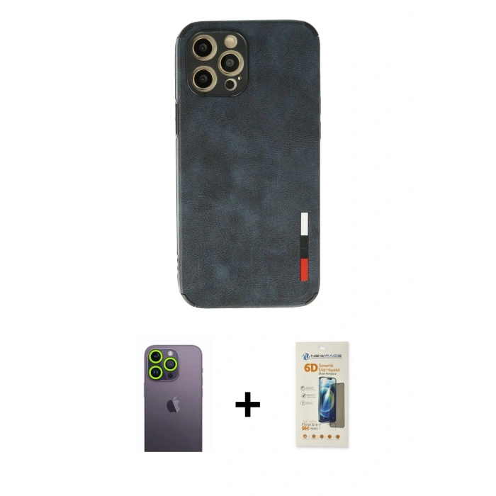 MARSİLYAN™- iPhone 12 Pro Kılıf Doruk Asil Koleksiyonu - Siyah 6D Mat Seramik Hayalet Nano Ekran Koruyucu + Neon Fosforlu Kamera Lens - YL
