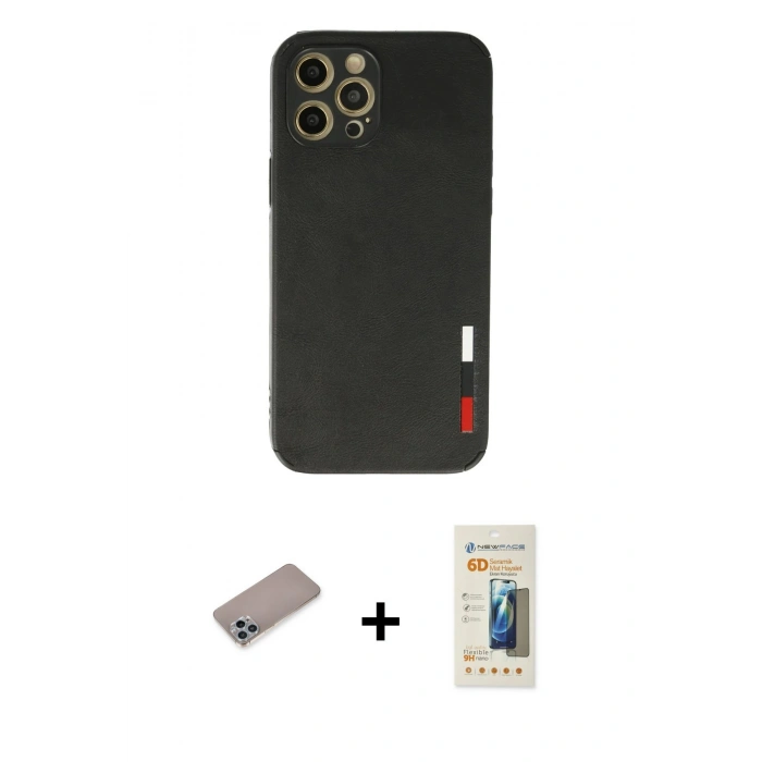 MARSİLYAN™- iPhone 12 Pro Kılıf Doruk Asil Koleksiyonu - Siyah 6D Mat Seramik Hayalet Nano Ekran Koruyucu + Shine Kamera Lens Koruma Cam - SABE