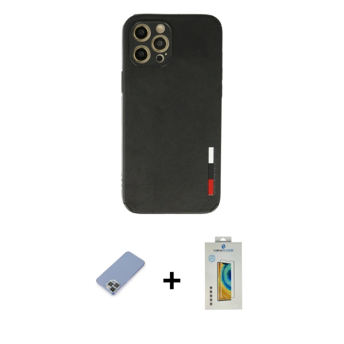 MARSİLYAN™- iPhone 12 Pro Kılıf Doruk Asil Koleksiyonu - Siyah Polymer Nano Ekran Koruyucu + Metal Kamera Lens Koruma Cam - KUYL