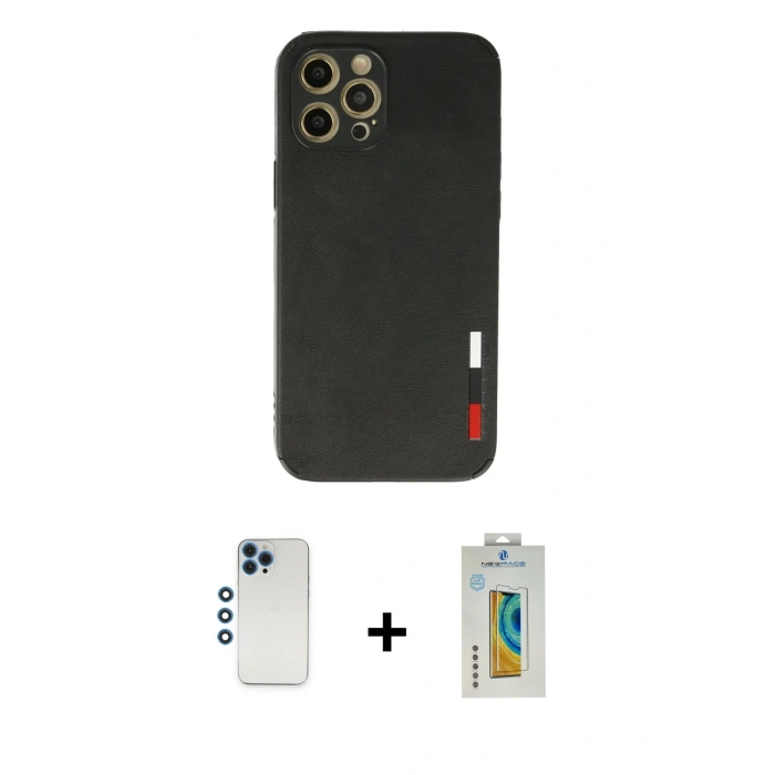 MARSİLYAN™- iPhone 12 Pro Kılıf Doruk Asil Koleksiyonu - Siyah Polymer Nano Ekran Koruyucu + Shine Kamera Lens - MI