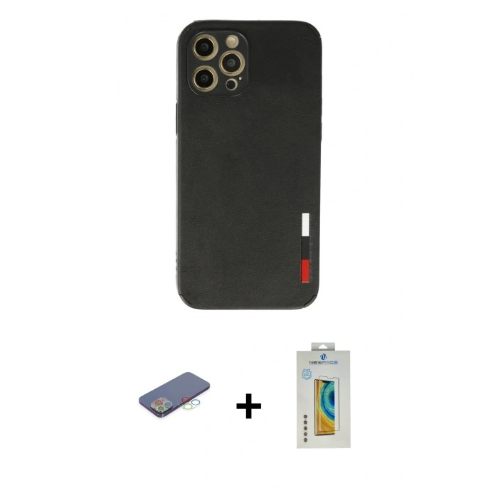 MARSİLYAN™- iPhone 12 Pro Kılıf Doruk Asil Koleksiyonu - Siyah Polymer Nano Ekran Koruyucu + Renkli Kamera Lens Koruma Cam - MI