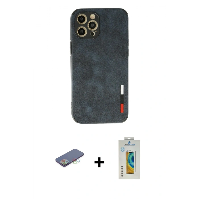 MARSİLYAN™- iPhone 12 Pro Kılıf Doruk Asil Koleksiyonu - Siyah Polymer Nano Ekran Koruyucu + Renkli Kamera Lens Koruma Cam - MI