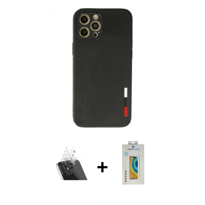MARSİLYAN™- iPhone 12 Pro Kılıf Doruk Asil Koleksiyonu - Siyah Polymer Nano Ekran Koruyucu + Kamera Lens Koruma Cam - SF