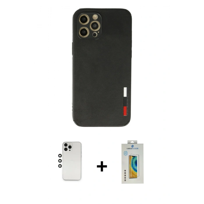 MARSİLYAN™- iPhone 12 Pro Kılıf Doruk Asil Koleksiyonu - Siyah Polymer Nano Ekran Koruyucu + Shine Kamera Lens - GS