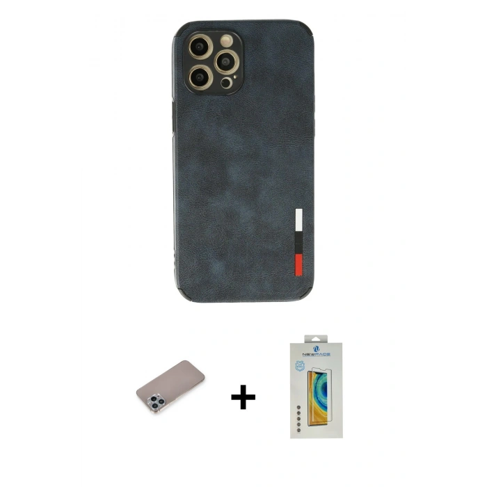MARSİLYAN™- iPhone 12 Pro Kılıf Doruk Asil Koleksiyonu - Siyah Polymer Nano Ekran Koruyucu + Shine Kamera Lens Koruma Cam - SABE