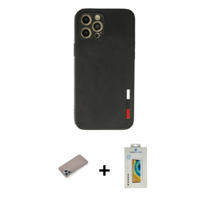MARSİLYAN™- iPhone 12 Pro Kılıf Doruk Asil Koleksiyonu - Siyah Polymer Nano Ekran Koruyucu + Shine Kamera Lens Koruma Cam - SABE