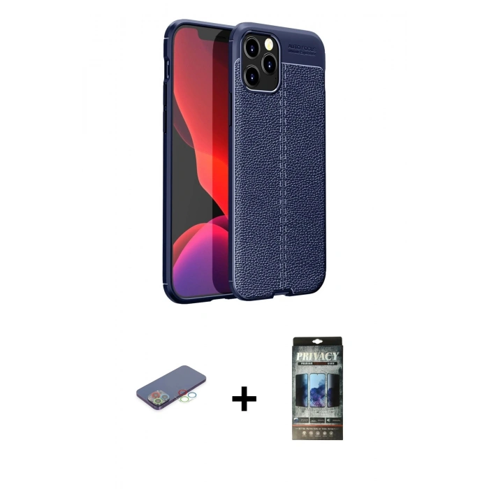 MARSİLYAN™- iPhone 12 Pro Kılıf Doruk Klasik Özel Seri - Siyah 34D Hayalet Izgaralı Cam + Renkli Kamera Lens Koruma Cam - MI