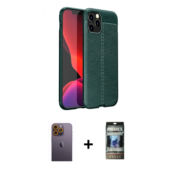 MARSİLYAN™- iPhone 12 Pro Kılıf Doruk Klasik Özel Seri - Siyah 34D Hayalet Izgaralı Cam + Neon Fosforlu Kamera Lens - SI