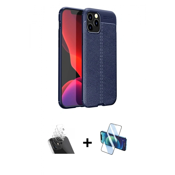 MARSİLYAN™- iPhone 12 Pro Kılıf Doruk Klasik Özel Seri - Siyah 3D Antistatik Cam Ekran Koruyucu + Kamera Lens Koruma Cam - SF