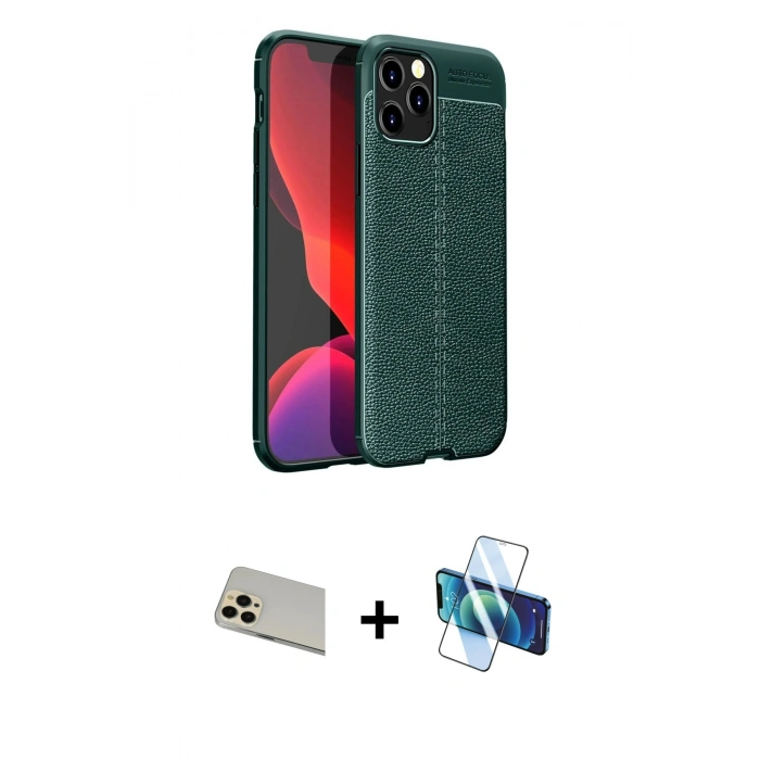 MARSİLYAN™- iPhone 12 Pro Kılıf Doruk Klasik Özel Seri - Siyah 3D Antistatik Cam Ekran Koruyucu + Rainbow Kamera Lens Koruma Cam - GD