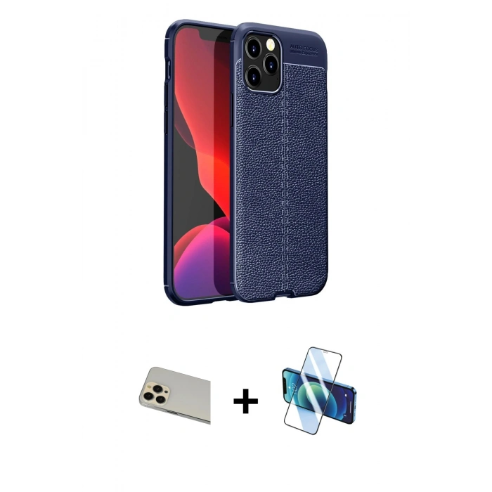 MARSİLYAN™- iPhone 12 Pro Kılıf Doruk Klasik Özel Seri - Siyah 3D Antistatik Cam Ekran Koruyucu + Rainbow Kamera Lens Koruma Cam - GD
