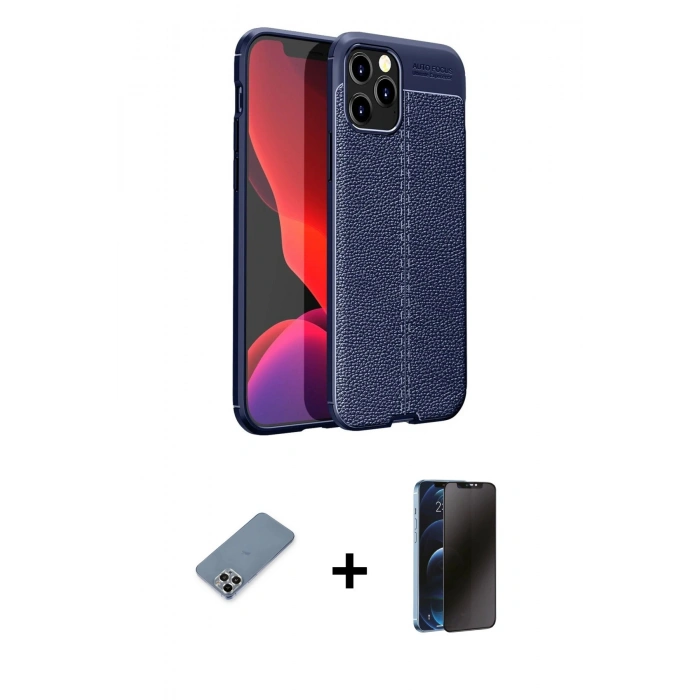 MARSİLYAN™- iPhone 12 Pro Kılıf Doruk Klasik Özel Seri - Siyah 3D Antistatik Hayalet Cam Ekran Koruyucu + Metal Kamera Lens Koruma Cam - GS