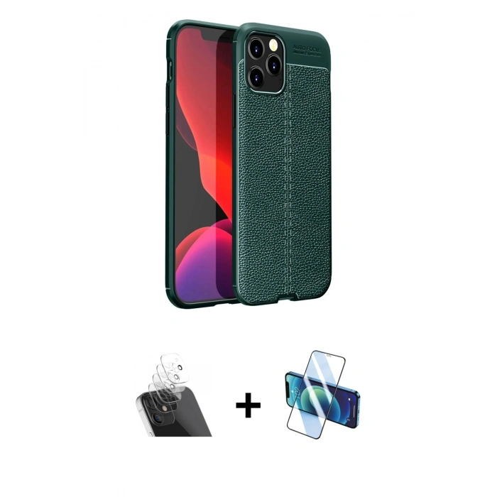 MARSİLYAN™- iPhone 12 Pro Kılıf Doruk Klasik Özel Seri - Siyah 3D Antistatik Seramik Nano Ekran Koruyucu + Kamera Lens Koruma Cam - SF