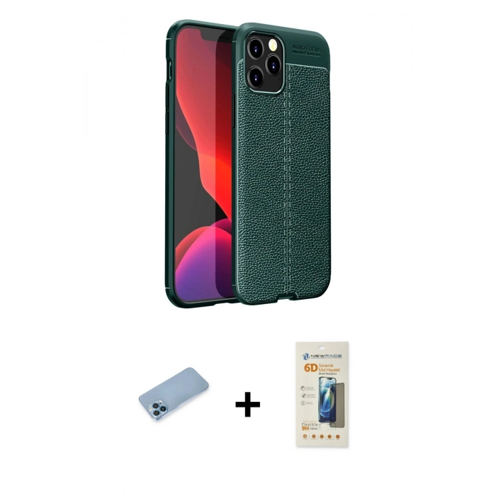 MARSİLYAN™- iPhone 12 Pro Kılıf Doruk Klasik Özel Seri - Siyah 6D Mat Seramik Hayalet Nano Ekran Koruyucu + Shine Kamera Lens Koruma Cam - MI