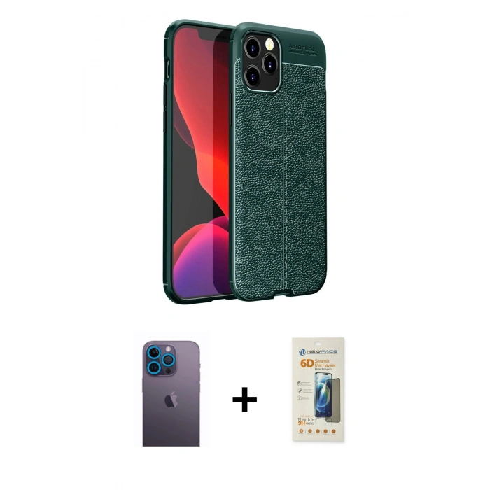 MARSİLYAN™- iPhone 12 Pro Kılıf Doruk Klasik Özel Seri - Siyah 6D Mat Seramik Hayalet Nano Ekran Koruyucu + Neon Fosforlu Kamera Lens - MI