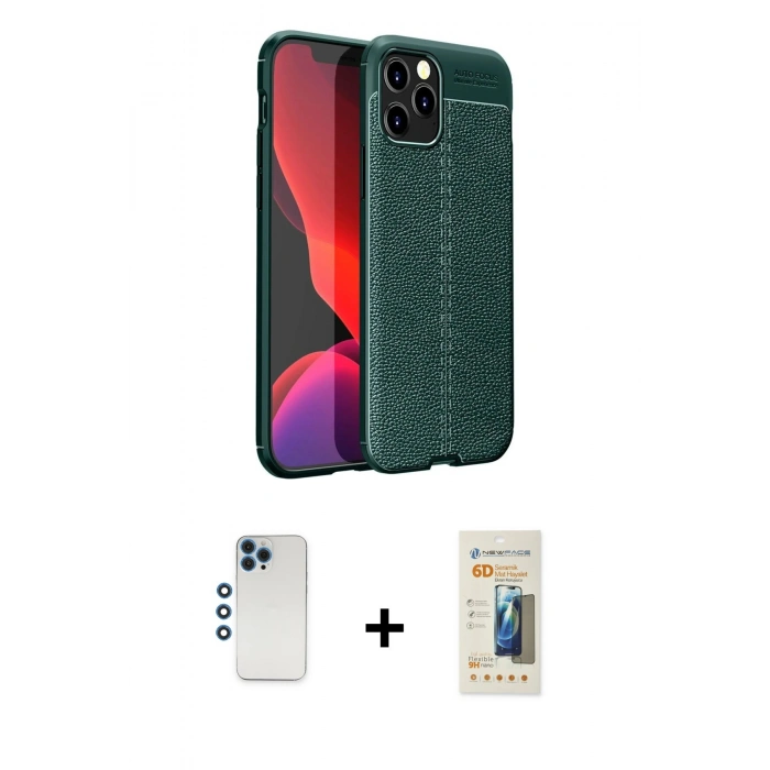 MARSİLYAN™- iPhone 12 Pro Kılıf Doruk Klasik Özel Seri - Siyah 6D Mat Seramik Hayalet Nano Ekran Koruyucu + Shine Kamera Lens - MI
