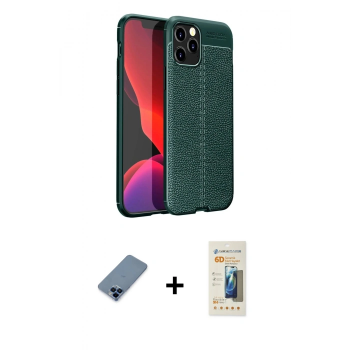 MARSİLYAN™- iPhone 12 Pro Kılıf Doruk Klasik Özel Seri - Siyah 6D Mat Seramik Hayalet Nano Ekran Koruyucu + Metal Kamera Lens Koruma Cam - MI