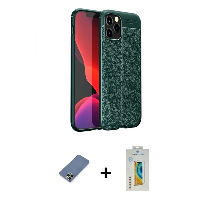 MARSİLYAN™- iPhone 12 Pro Kılıf Doruk Klasik Özel Seri - Siyah Polymer Nano Ekran Koruyucu + Metal Kamera Lens Koruma Cam - AKYL