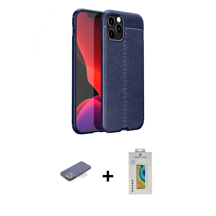 MARSİLYAN™- iPhone 12 Pro Kılıf Doruk Klasik Özel Seri - Siyah Polymer Nano Ekran Koruyucu + Mavi Renkli Kamera Lens Koruma Cam