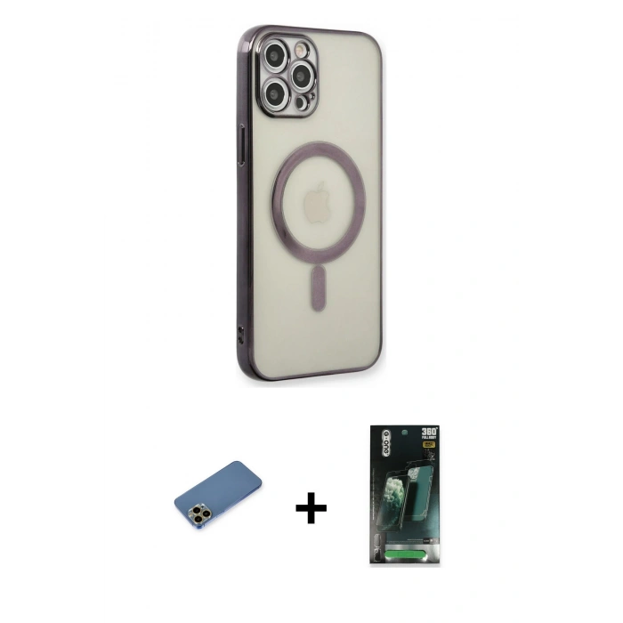 MARSİLYAN™- iPhone 12 Pro Kılıf Doruk Minimal - Şeffaf 360 Full Body Arka Koruyucu + Shine Kamera Lens Koruma Cam - GD