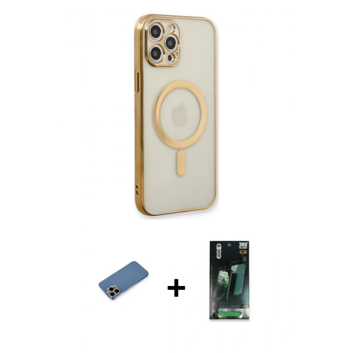 MARSİLYAN™- iPhone 12 Pro Kılıf Doruk Minimal - Şeffaf 360 Full Body Arka Koruyucu + Shine Kamera Lens Koruma Cam - GD