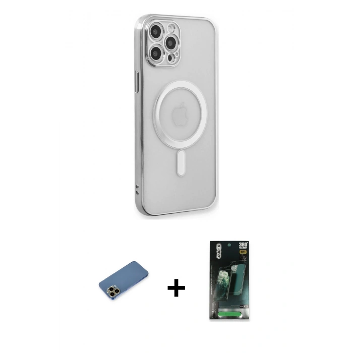 MARSİLYAN™- iPhone 12 Pro Kılıf Doruk Minimal - Şeffaf 360 Full Body Arka Koruyucu + Shine Kamera Lens Koruma Cam - GD