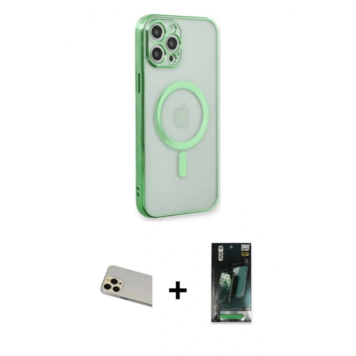 MARSİLYAN™- iPhone 12 Pro Kılıf Doruk Minimal - Şeffaf 360 Full Body Arka Koruyucu + Rainbow Kamera Lens Koruma Cam - GD
