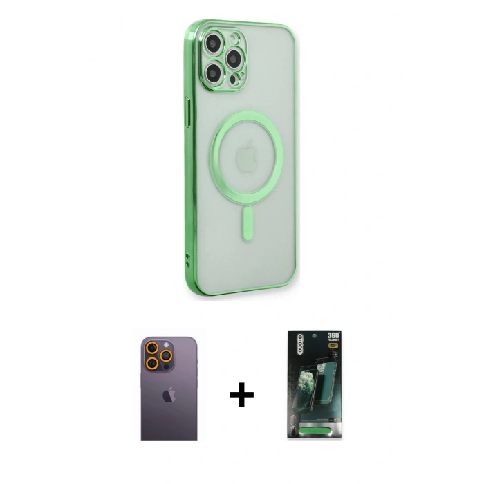MARSİLYAN™- iPhone 12 Pro Kılıf Doruk Minimal - Şeffaf 360 Full Body Arka Koruyucu + Neon Fosforlu Kamera Lens - SI