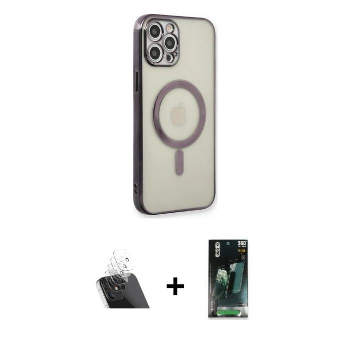 MARSİLYAN™- iPhone 12 Pro Kılıf Doruk Minimal - Şeffaf 360 Full Body Arka Koruyucu + Kamera Lens Koruma Cam - SF