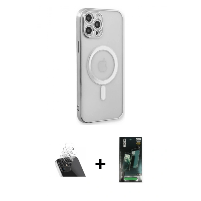 MARSİLYAN™- iPhone 12 Pro Kılıf Doruk Minimal - Şeffaf 360 Full Body Arka Koruyucu + Kamera Lens Koruma Cam - SF