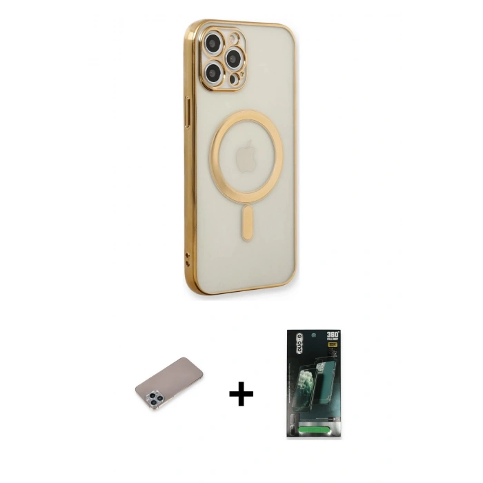 MARSİLYAN™- iPhone 12 Pro Kılıf Doruk Minimal - Şeffaf 360 Full Body Arka Koruyucu + Shine Kamera Lens Koruma Cam - SABE