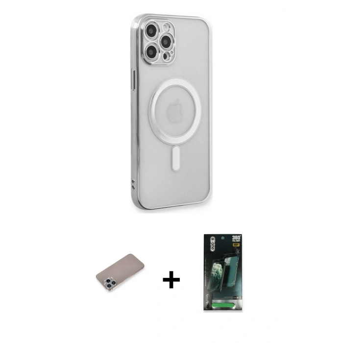 MARSİLYAN™- iPhone 12 Pro Kılıf Doruk Minimal - Şeffaf 360 Full Body Arka Koruyucu + Shine Kamera Lens Koruma Cam - SABE