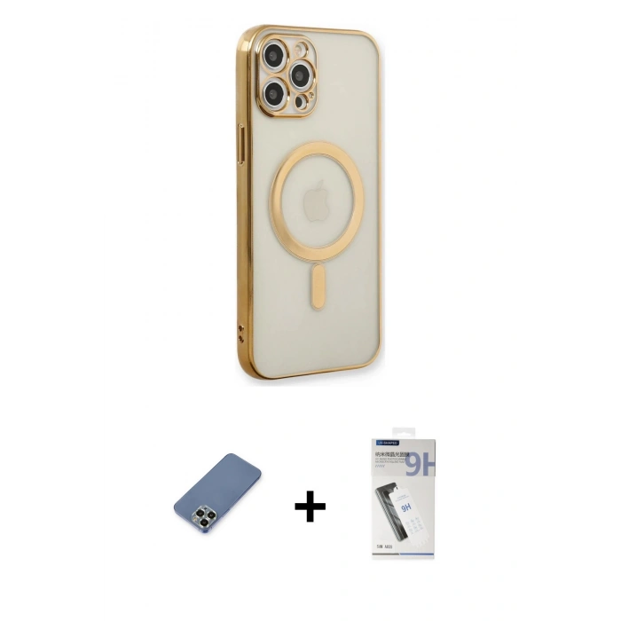 MARSİLYAN™- iPhone 12 Pro Kılıf Doruk Minimal - Şeffaf Uv Polymer Nano Ekran Koruyucu + Metal Kamera Lens Koruma Cam - AKYL
