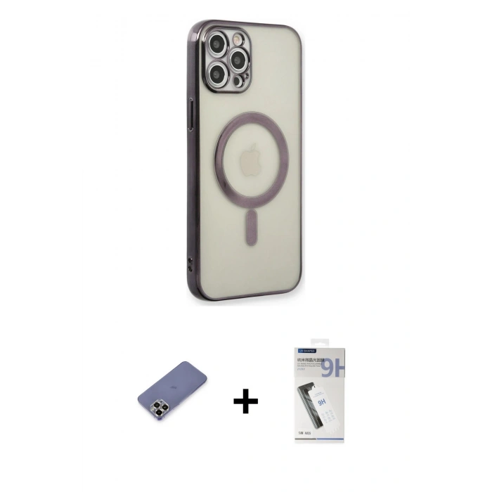 MARSİLYAN™- iPhone 12 Pro Kılıf Doruk Minimal - Şeffaf Uv Polymer Nano Ekran Koruyucu + Metal Kamera Lens Koruma Cam - GD