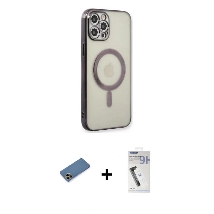 MARSİLYAN™- iPhone 12 Pro Kılıf Doruk Minimal - Şeffaf Uv Polymer Nano Ekran Koruyucu + Shine Kamera Lens Koruma Cam - GD