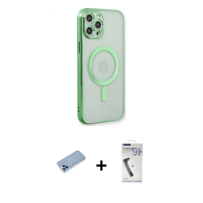 MARSİLYAN™- iPhone 12 Pro Kılıf Doruk Minimal - Şeffaf Uv Polymer Nano Ekran Koruyucu + Mavi Shine Kamera Lens Koruma Cam