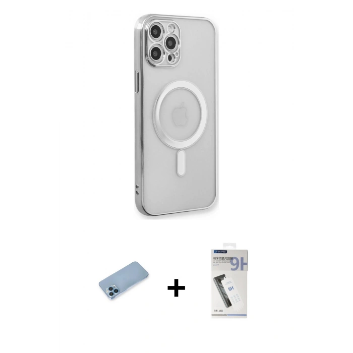 MARSİLYAN™- iPhone 12 Pro Kılıf Doruk Minimal - Şeffaf Uv Polymer Nano Ekran Koruyucu + Mavi Shine Kamera Lens Koruma Cam