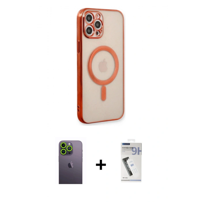 MARSİLYAN™- iPhone 12 Pro Kılıf Doruk Minimal - Şeffaf Uv Polymer Nano Ekran Koruyucu + Neon Fosforlu Kamera Lens - YL
