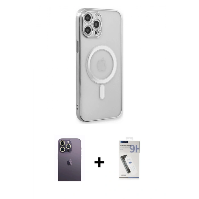 MARSİLYAN™- iPhone 12 Pro Kılıf Doruk Minimal - Şeffaf Uv Polymer Nano Ekran Koruyucu + Neon Fosforlu Kamera Lens - BZ