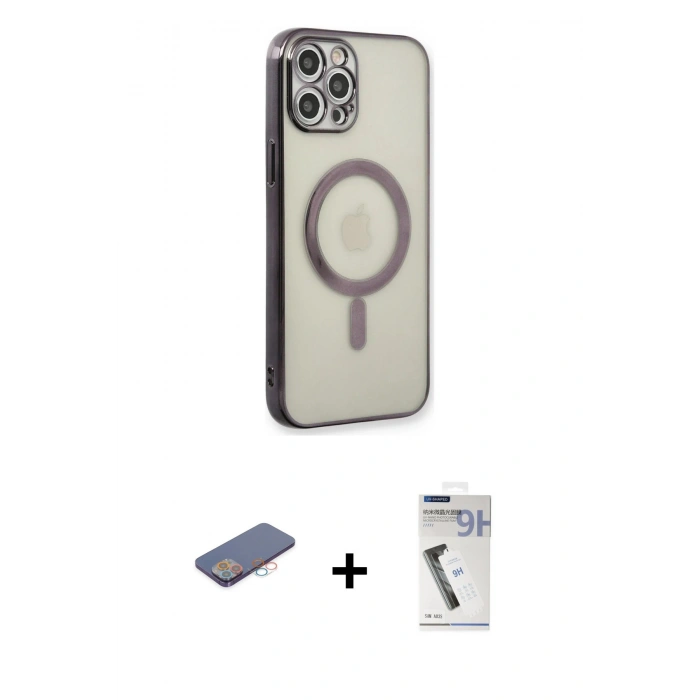 MARSİLYAN™- iPhone 12 Pro Kılıf Doruk Minimal - Şeffaf Uv Polymer Nano Ekran Koruyucu + Renkli Kamera Lens Koruma Cam - PE
