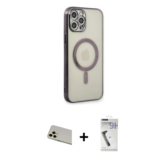 MARSİLYAN™- iPhone 12 Pro Kılıf Doruk Minimal - Şeffaf Uv Polymer Nano Ekran Koruyucu + Rainbow Kamera Lens Koruma Cam - GD