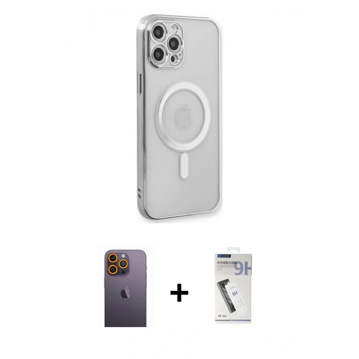 MARSİLYAN™- iPhone 12 Pro Kılıf Doruk Minimal - Şeffaf Uv Polymer Nano Ekran Koruyucu + Neon Fosforlu Kamera Lens - SI