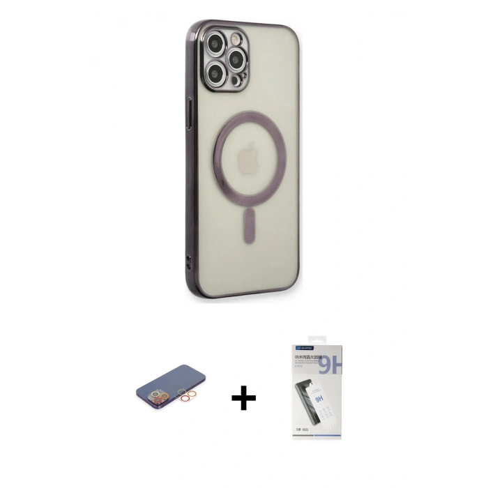 MARSİLYAN™- iPhone 12 Pro Kılıf Doruk Minimal - Şeffaf Uv Polymer Nano Ekran Koruyucu + Renkli Kamera Lens Koruma Cam - TU