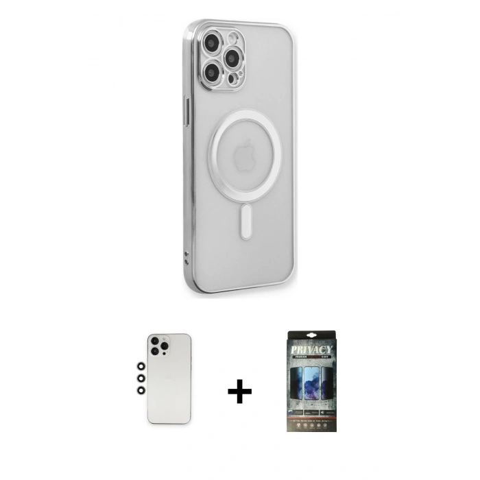 MARSİLYAN™- iPhone 12 Pro Kılıf Doruk Minimal - Siyah 34D Hayalet Izgaralı Cam + Shine Kamera Lens - GS