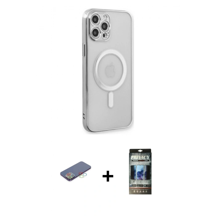 MARSİLYAN™- iPhone 12 Pro Kılıf Doruk Minimal - Siyah 34D Hayalet Izgaralı Cam + Renkli Kamera Lens Koruma Cam - MI
