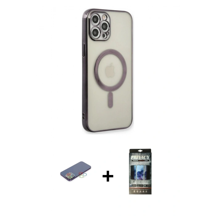 MARSİLYAN™- iPhone 12 Pro Kılıf Doruk Minimal - Siyah 34D Hayalet Izgaralı Cam + Renkli Kamera Lens Koruma Cam - MI