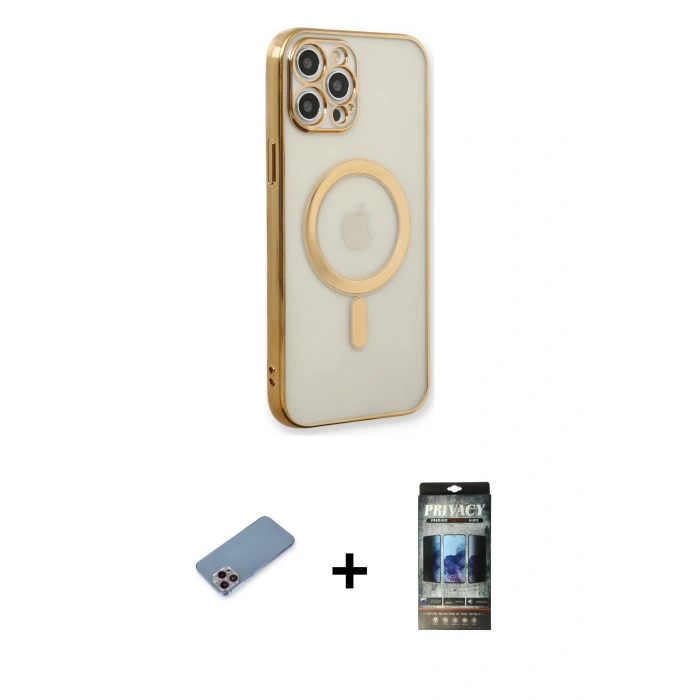 MARSİLYAN™- iPhone 12 Pro Kılıf Doruk Minimal - Siyah 34D Hayalet Izgaralı Cam + Shine Kamera Lens Koruma Cam - PE
