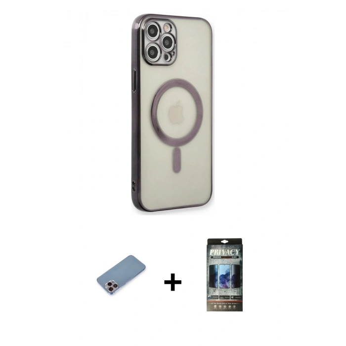MARSİLYAN™- iPhone 12 Pro Kılıf Doruk Minimal - Siyah 34D Hayalet Izgaralı Cam + Shine Kamera Lens Koruma Cam - PE