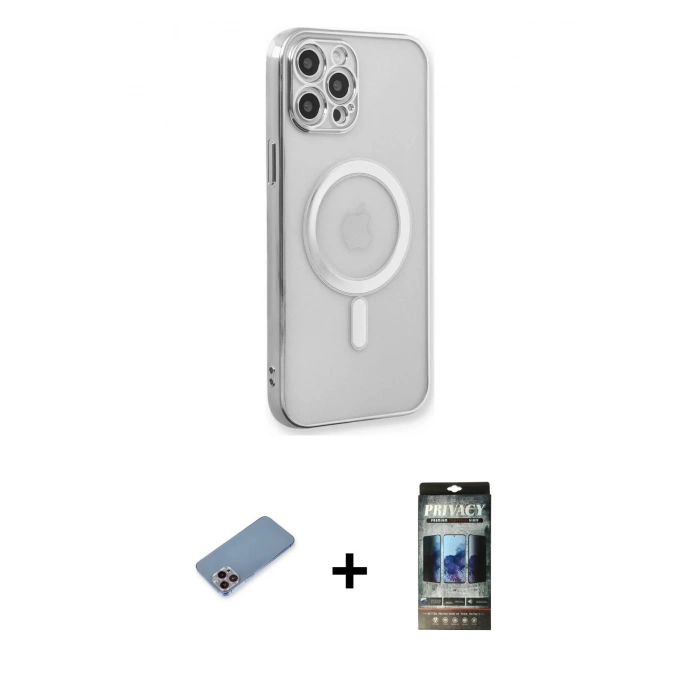 MARSİLYAN™- iPhone 12 Pro Kılıf Doruk Minimal - Siyah 34D Hayalet Izgaralı Cam + Shine Kamera Lens Koruma Cam - PE